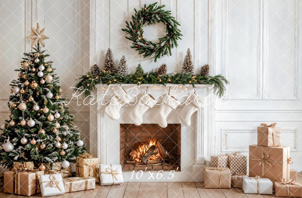 Christmas White Fireplace With Gifts Tree Wreath Backdrop Designed by Emetselch