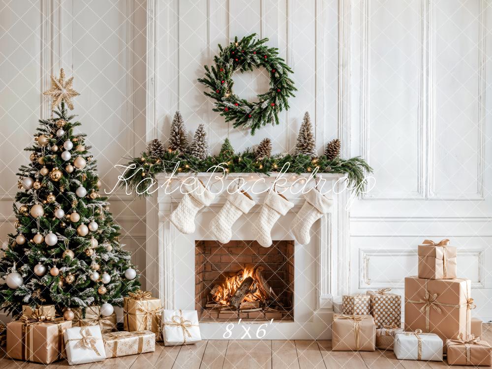 Christmas White Fireplace With Gifts Tree Wreath Backdrop Designed by Emetselch