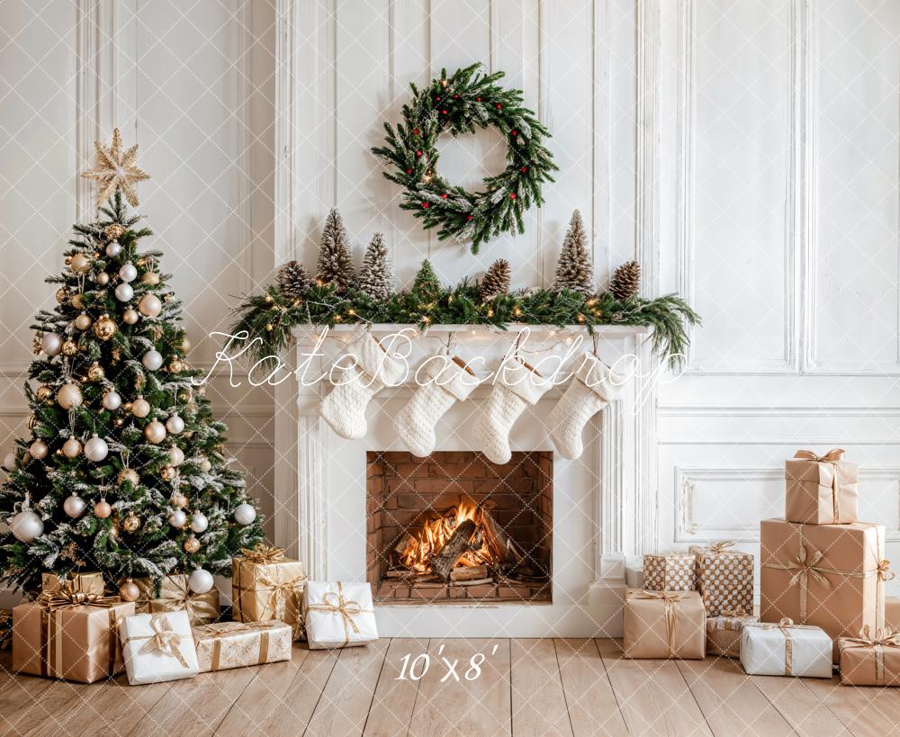 Kate Christmas White Fireplace With Gifts Tree Wreath Backdrop Designed by Emetselch