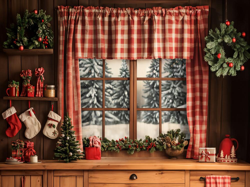 Cortinas de ventana de cuadros rojos navideños diseñadas por Emetselch