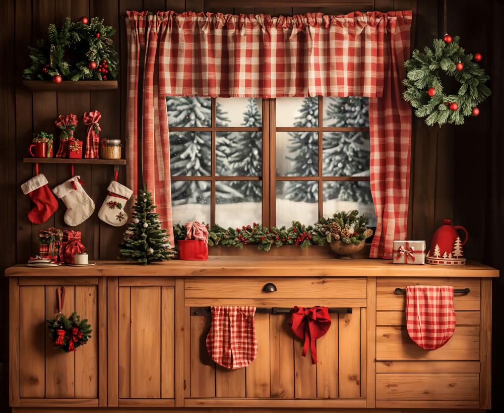 Cortinas de ventana de cuadros rojos navideños diseñadas por Emetselch