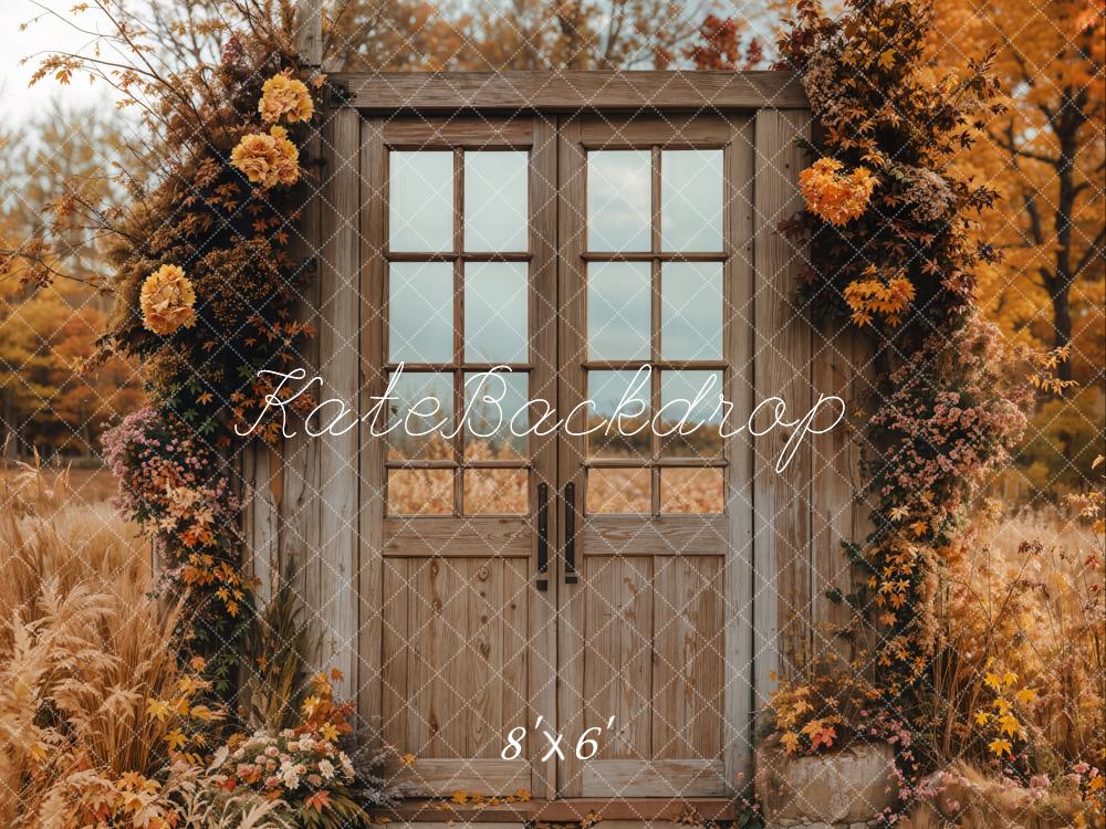 Fondo de puerta de madera vintage de flores de otoño diseñado por Emetselch