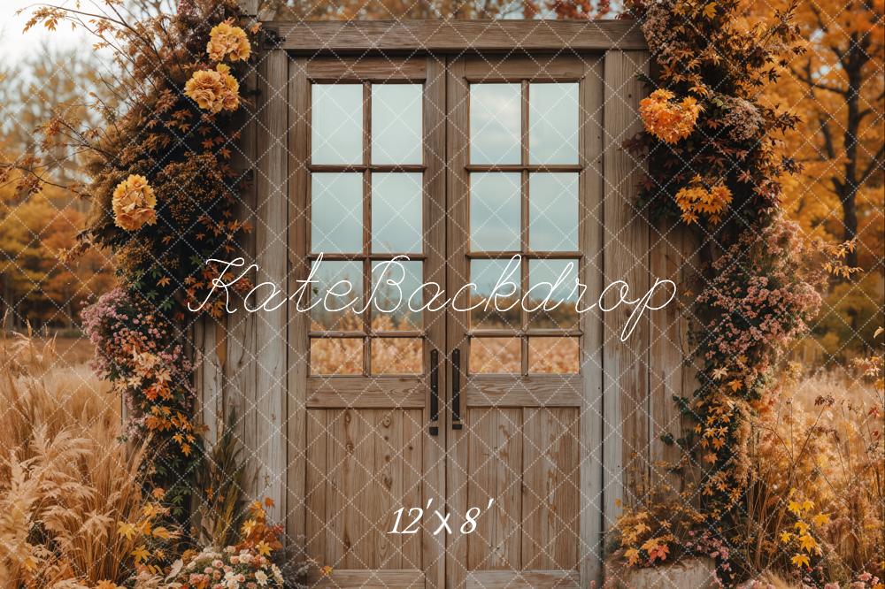 Fondo de puerta de madera vintage de flores de otoño diseñado por Emetselch