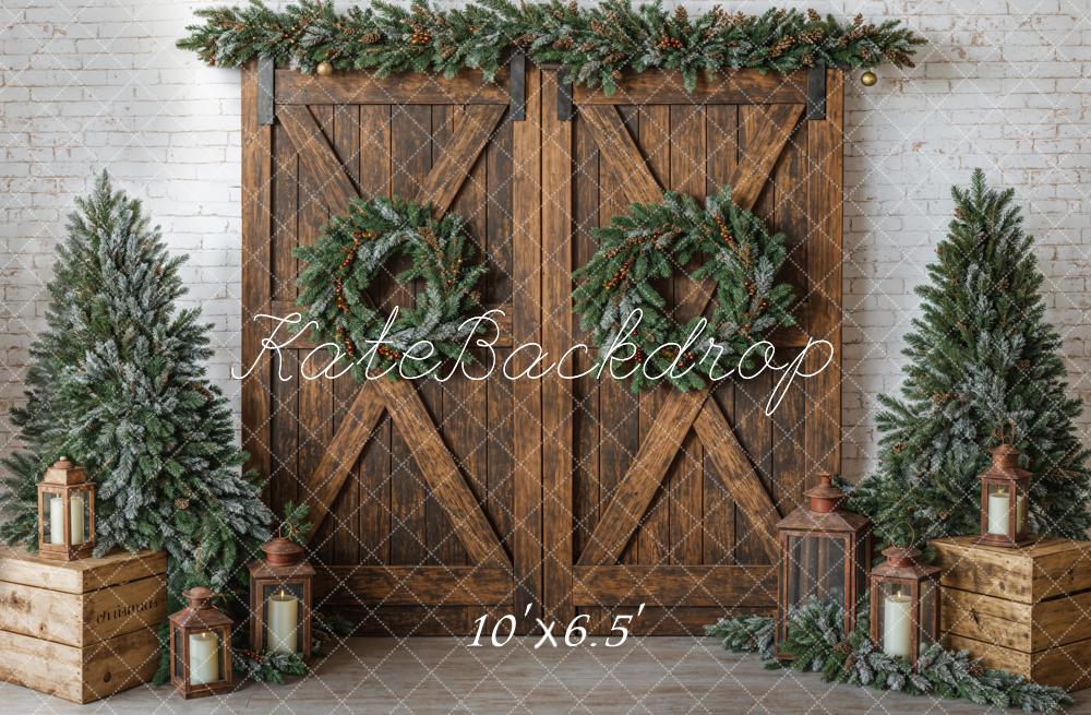 Kate Christmas Brown Barn Door Wreath Backdrop Designed by Emetselch