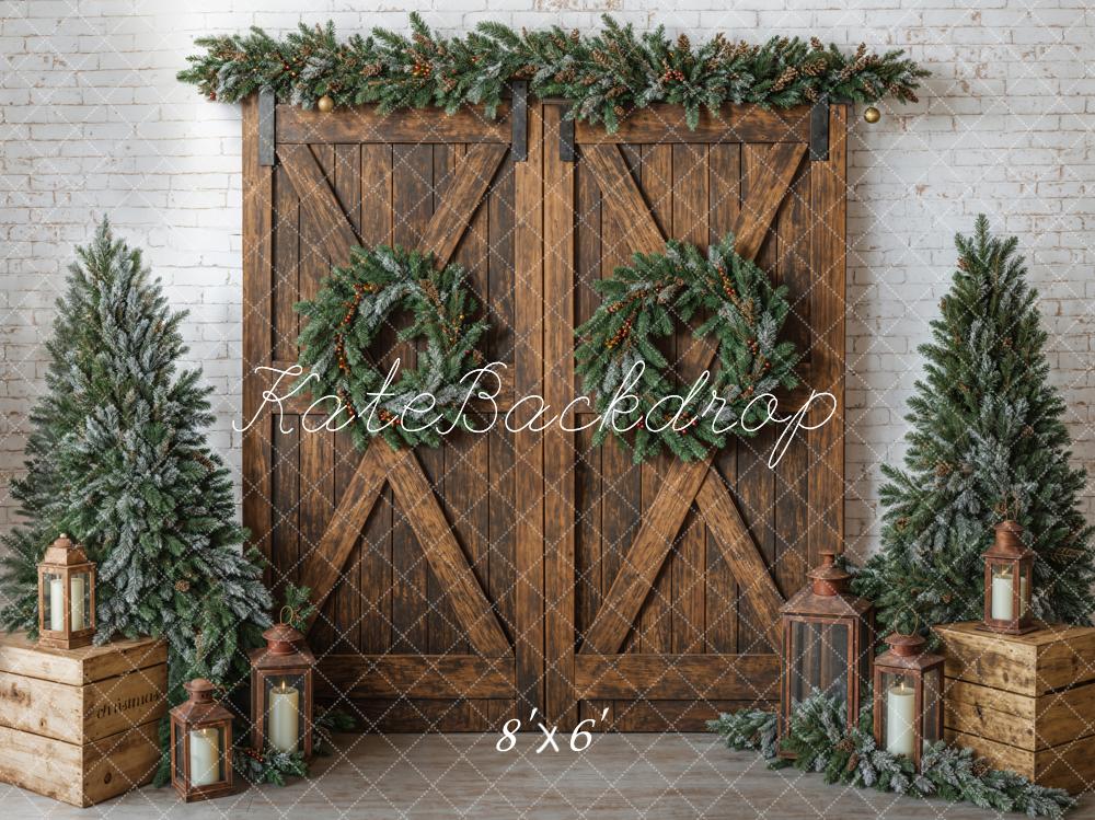 Kate Christmas Brown Barn Door Wreath Backdrop Designed by Emetselch