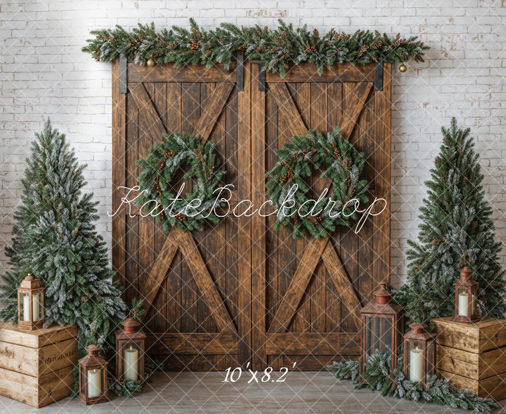 Kate Christmas Brown Barn Door Wreath Backdrop Designed by Emetselch