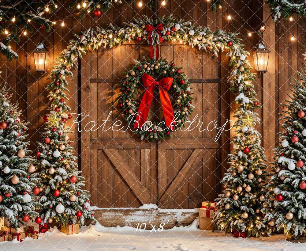 Kerstbomen Arch Krans Houten Deur Foto Achtergrond Designed by Emetselch