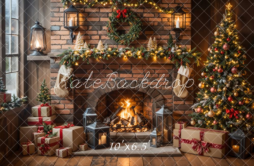 Kate Christmas Fireplace Tree Brick Wall Backdrop Designed by Emetselch