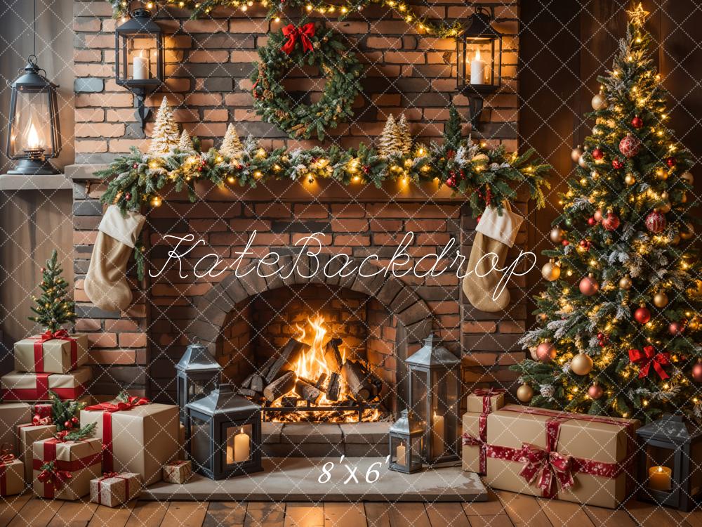 Kate Christmas Fireplace Tree Brick Wall Backdrop Designed by Emetselch