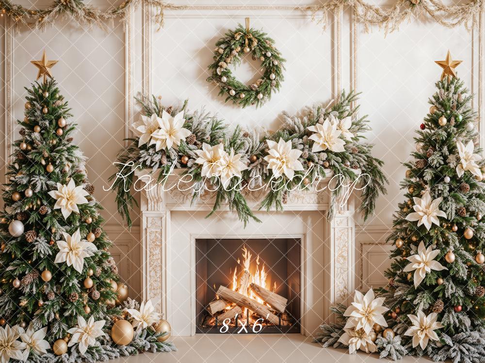 Kate Christmas White Flower Fireplace Trees Backdrop Designed by Emetselch