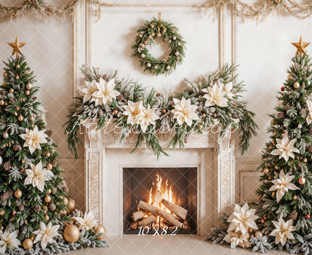 Kate Christmas White Flower Fireplace Trees Backdrop Designed by Emetselch