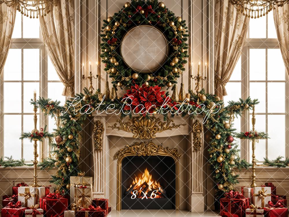 Kate Christmas Fireplace Retro Curtain Window Wreath Backdrop Designed by Emetselch