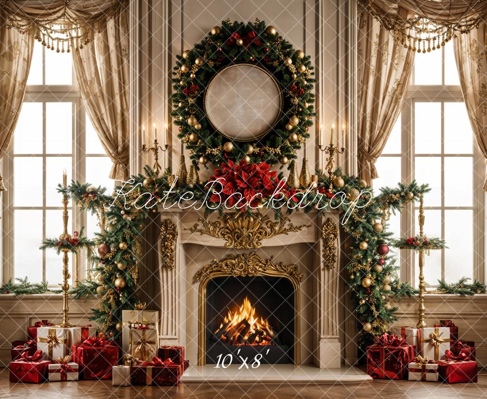 Kate Christmas Fireplace Retro Curtain Window Wreath Backdrop Designed by Emetselch