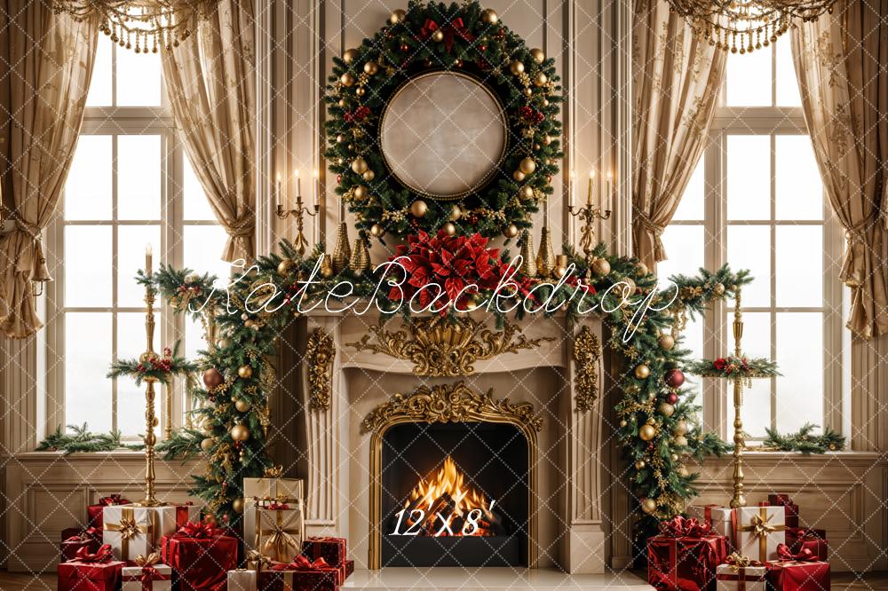 Kate Christmas Fireplace Retro Curtain Window Wreath Backdrop Designed by Emetselch