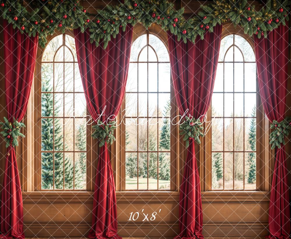 Kerst Arched Window Red Curtains Foto Achtergrond Designed by Emetselch