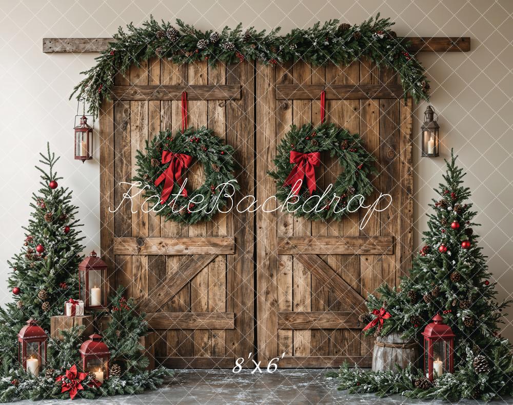 Kate Christmas Wooden Barn Door With Wreath Backdrop Designed by Emetselch