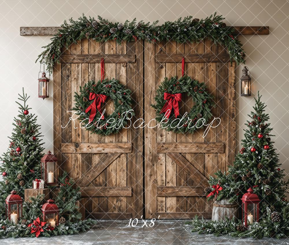 Kate Christmas Wooden Barn Door With Wreath Backdrop Designed by Emetselch