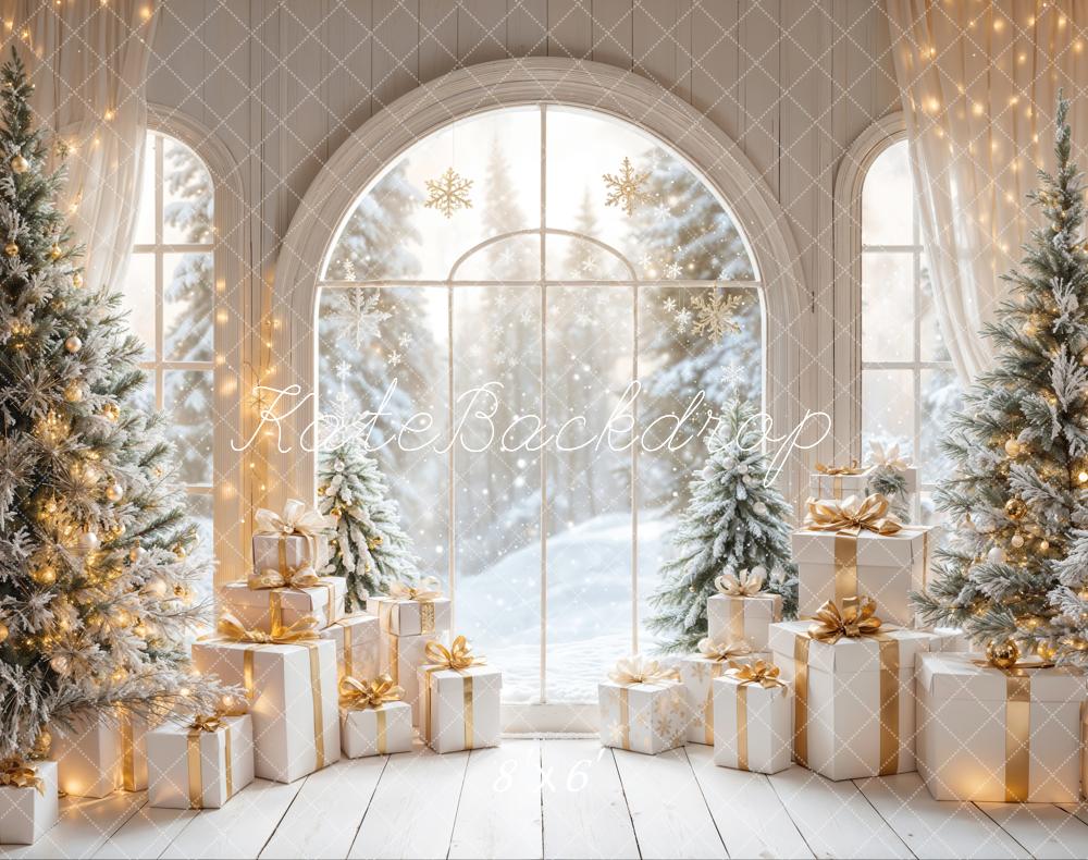 Kate White Arch Window With Christmas Tree Gifts Backdrop Designed by Emetselch