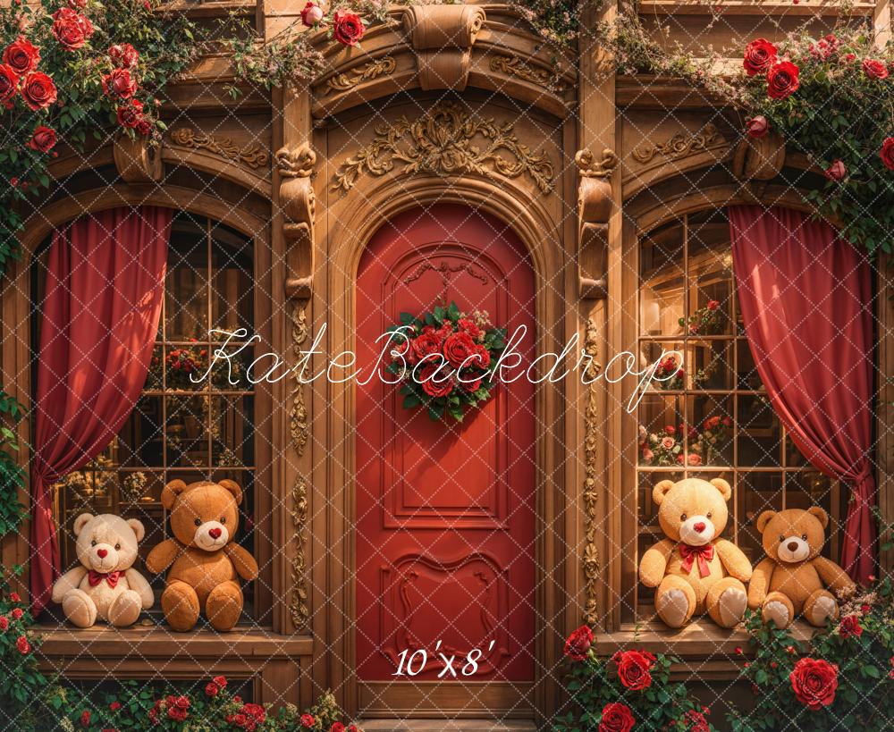 Retro Arch Wooden Teddy Bear Roses Door Foto Achtergrond Designed by Emetselch