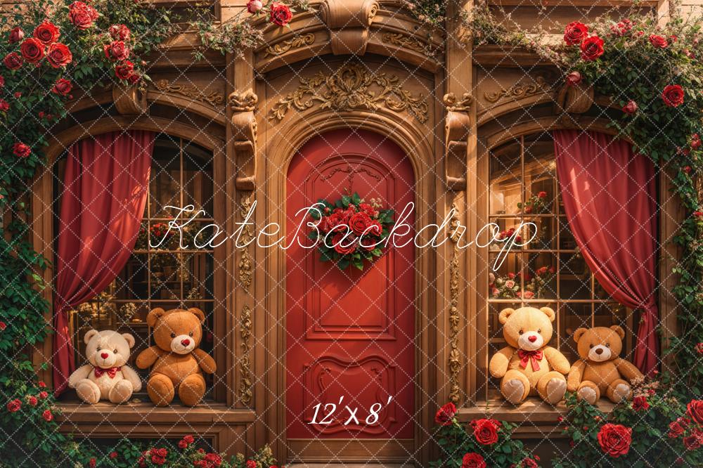 Retro Arch Wooden Teddy Bear Roses Door Foto Achtergrond Designed by Emetselch