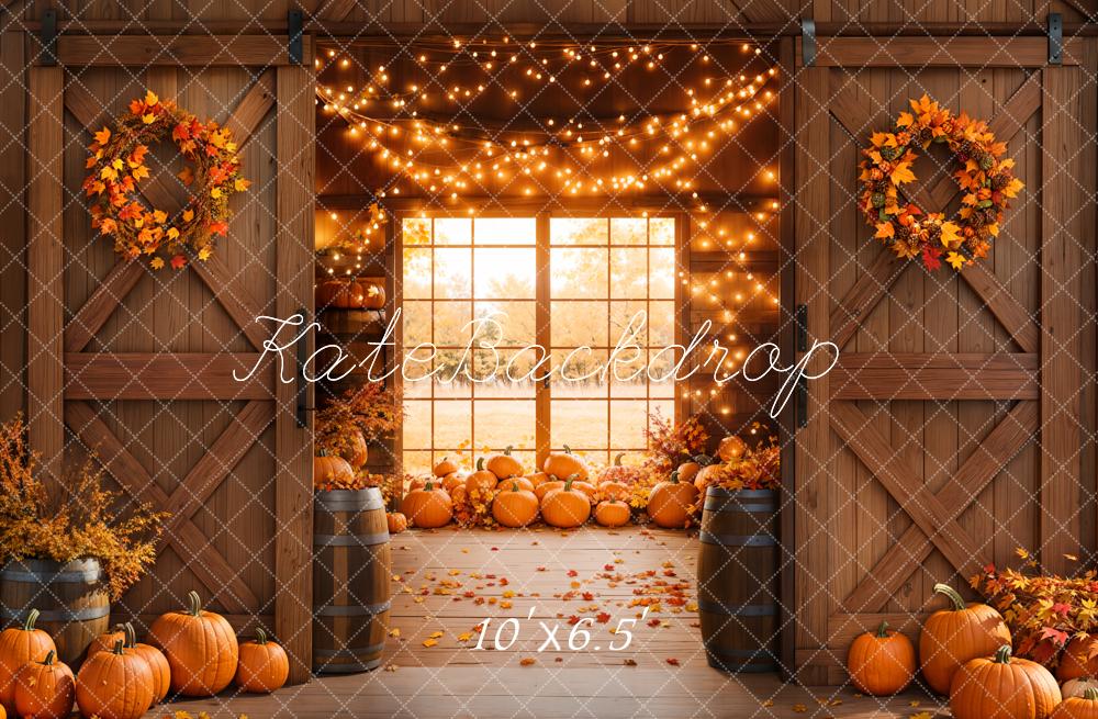 Fall Wooden Door Pumpkin Barn Lights Window Foto Achtergrond Designed by Emetselch