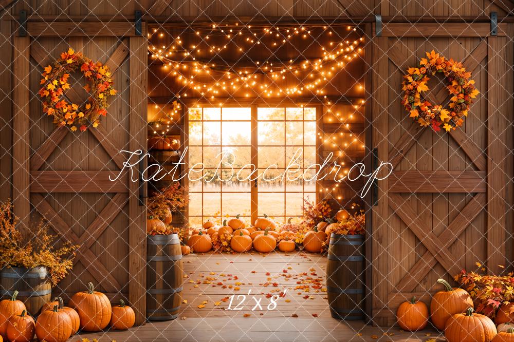 Fall Wooden Door Pumpkin Barn Lights Window Foto Achtergrond Designed by Emetselch