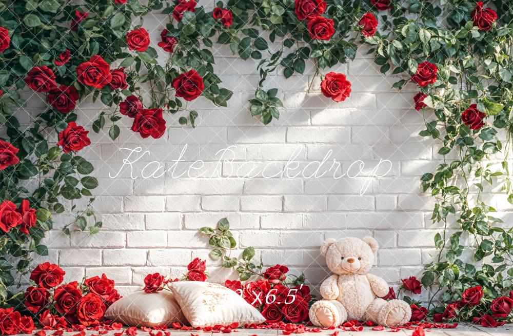 Kate White Brick Wall With Red Roses and Teddy Bear Backdrop Designed by Emetselch