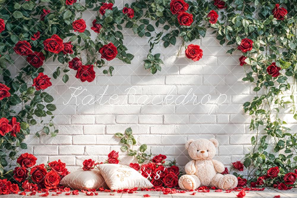 Kate White Brick Wall With Red Roses and Teddy Bear Backdrop Designed by Emetselch