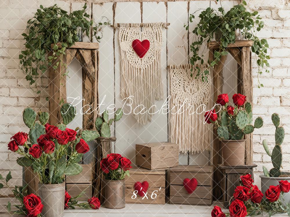 Kate Boho Roses Cactus Macrame White Brick Wall Backdrop Designed by Emetselch