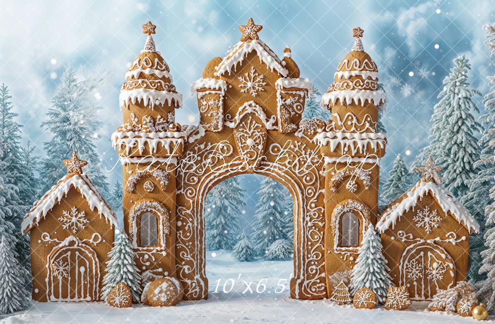 Kersthuisje Gingerbread Kasteel Sneeuw Foto Achtergrond Designed by Emetselch