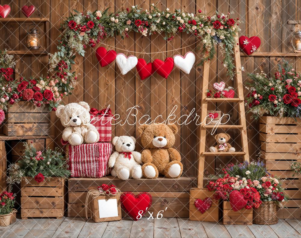 Kate Valentine's Day Teddy Bear Floral Wood Backdrop Designed by Emetselch