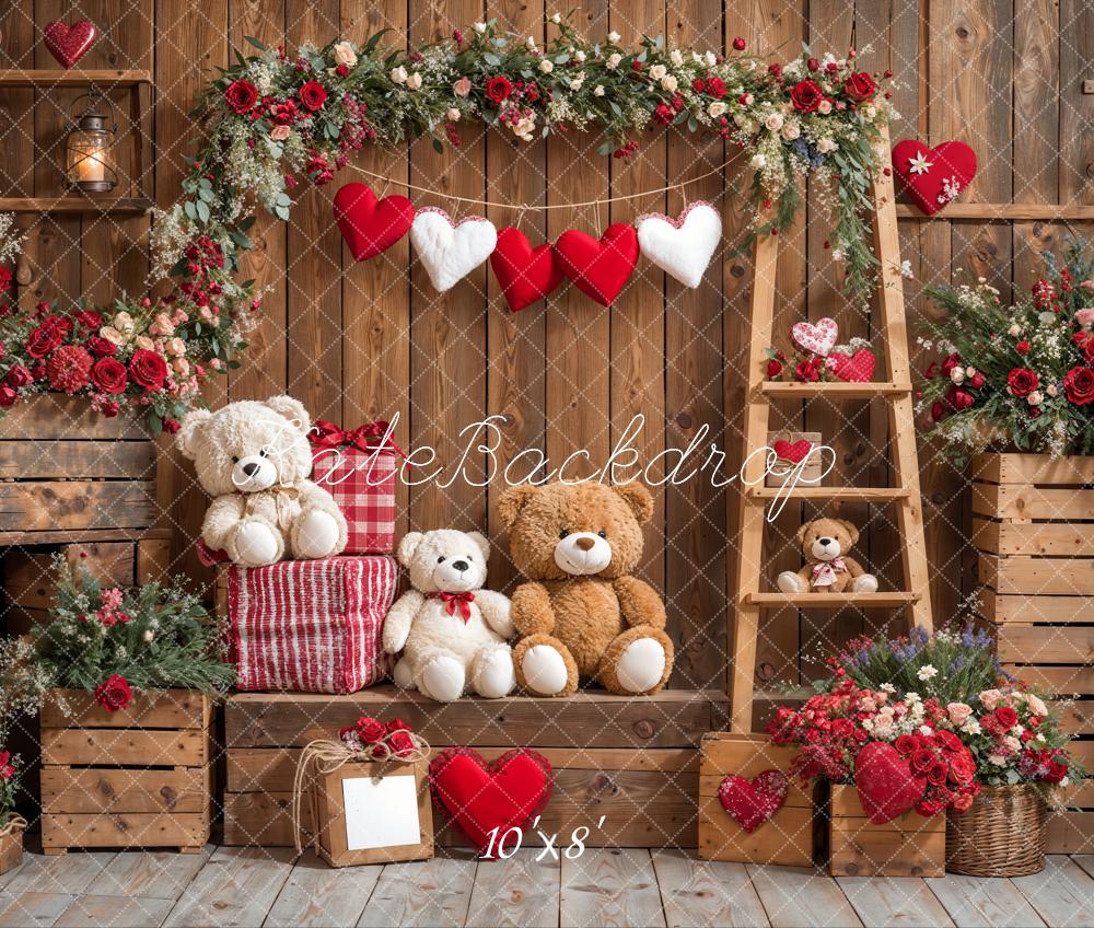 Kate Valentine's Day Teddy Bear Floral Wood Backdrop Designed by Emetselch