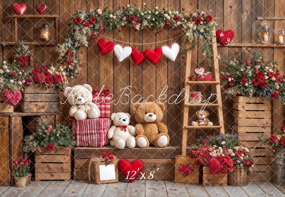 Valentijnsdag Teddybeer Bloemen Houten Foto Achtergrond Designed by Emetselch