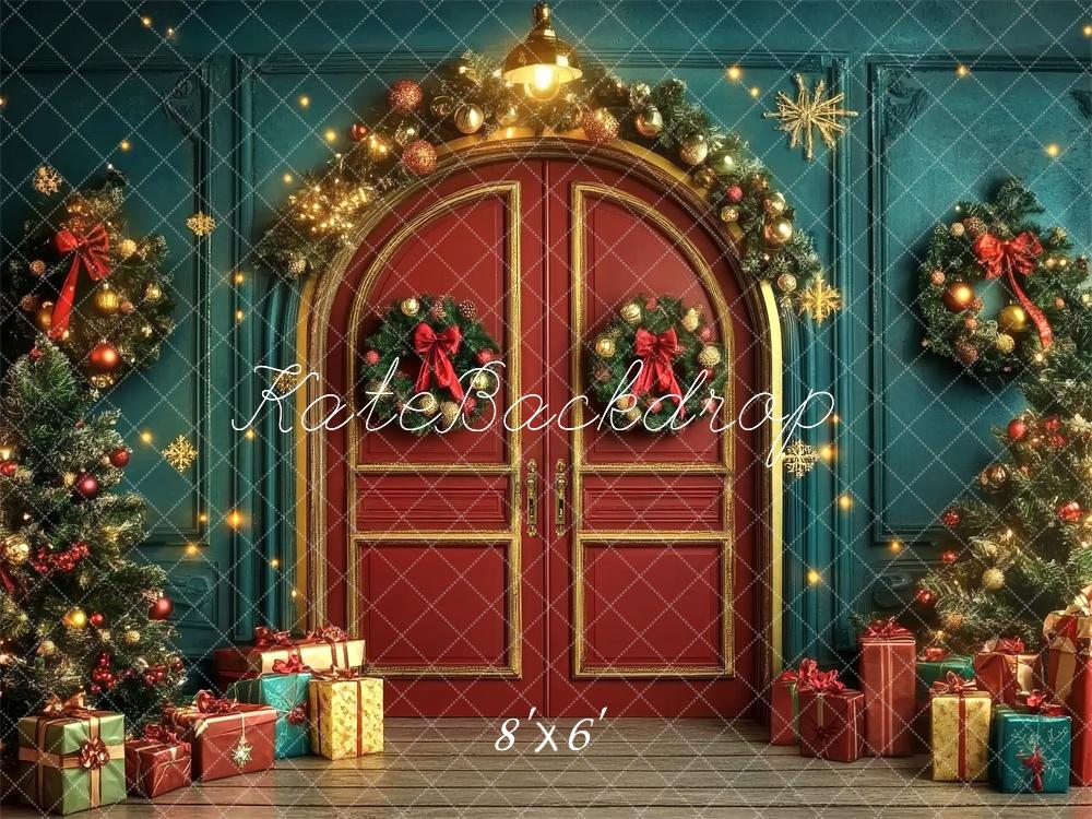 Kate Christmas Arched Red Door Wreath Backdrop Designed by Lidia Redekopp