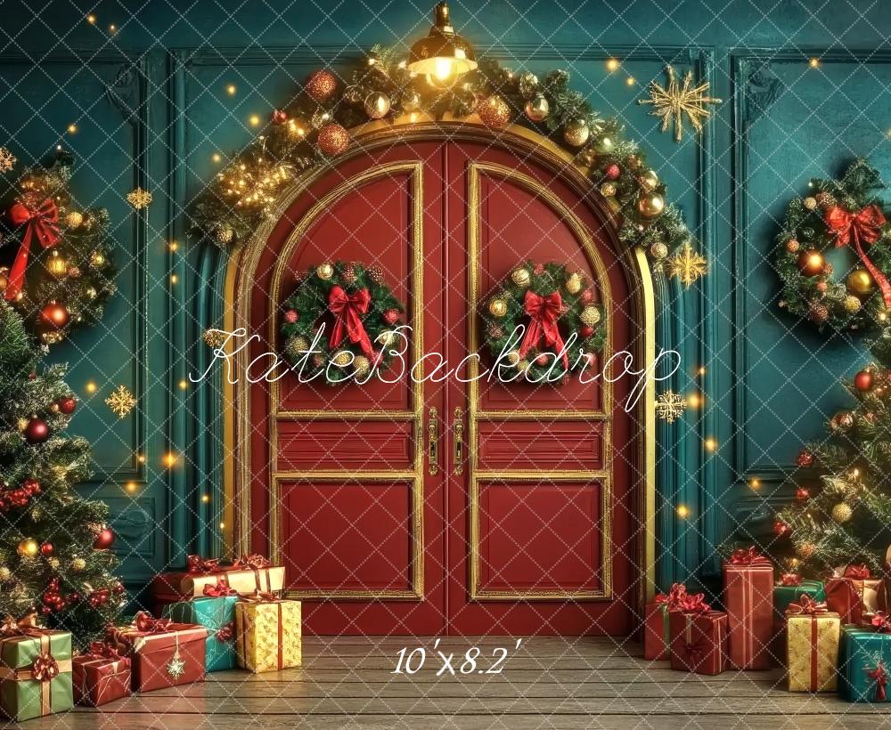 Kate Christmas Arched Red Door Wreath Backdrop Designed by Lidia Redekopp