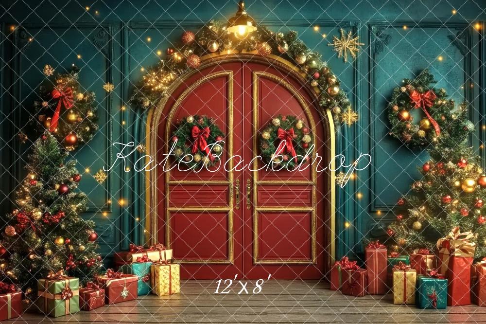 Kate Christmas Arched Red Door Wreath Backdrop Designed by Lidia Redekopp