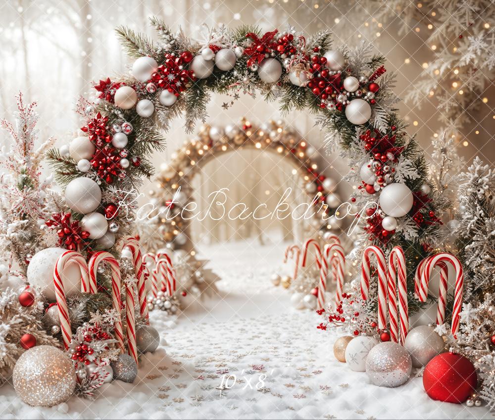 Kate Christmas Candy Cane Arch Snow Backdrop Designed by Emetselch