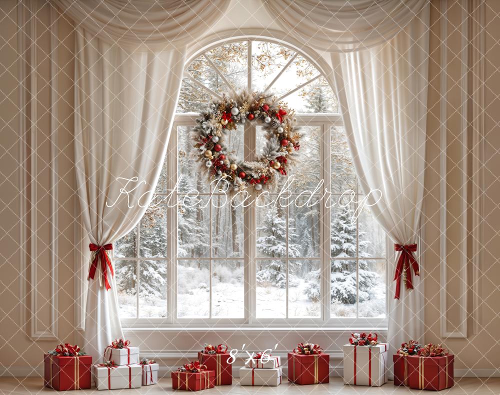 Kate Christmas White Curtain Wreath Window Backdrop Designed by Emetselch