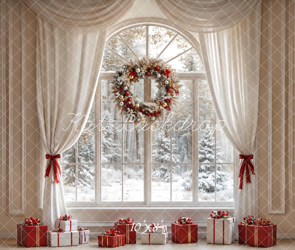 Kate Christmas White Curtain Wreath Window Backdrop Designed by Emetselch