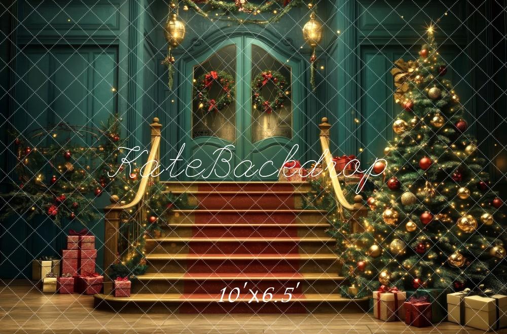 Kate Christmas Tree Cascading Stairs Blue Backdrop Designed by Lidia Redekopp