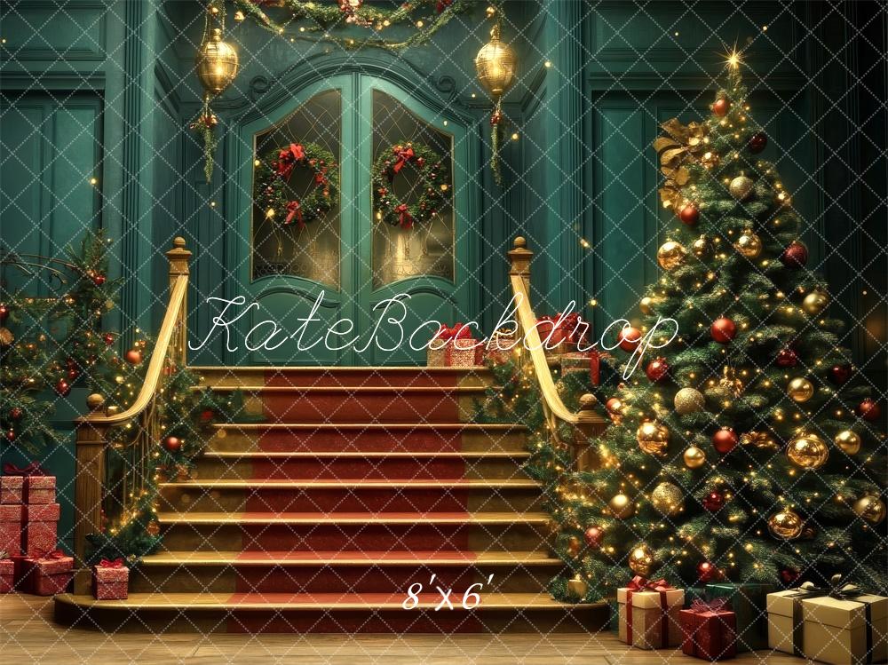 Kate Christmas Tree Cascading Stairs Blue Backdrop Designed by Lidia Redekopp