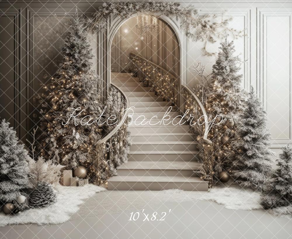 Kate Christmas Cascading Stairs Snowy Backdrop Designed by Lidia Redekopp