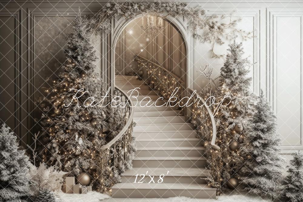 Kate Christmas Cascading Stairs Snowy Backdrop Designed by Lidia Redekopp