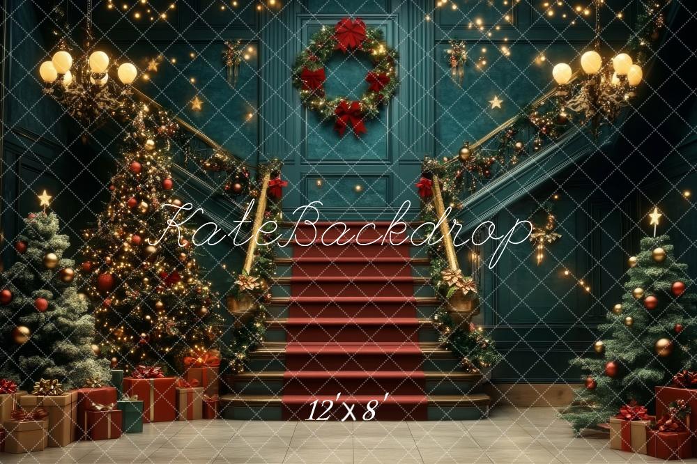 Kate Christmas Tree Cascading Stairs Retro Blue Backdrop Designed by Lidia Redekopp