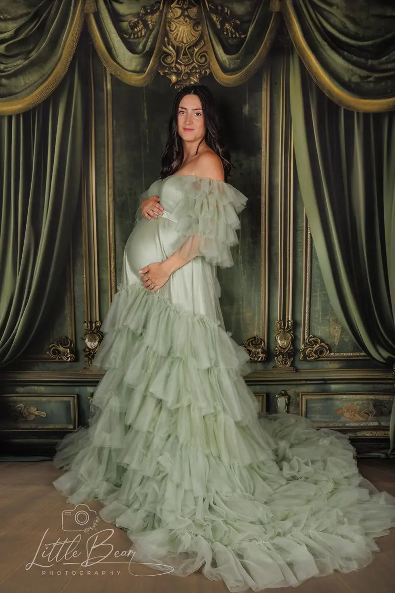 Vestido de maternidad para sesiones de fotos azul con un solo hombro de malla