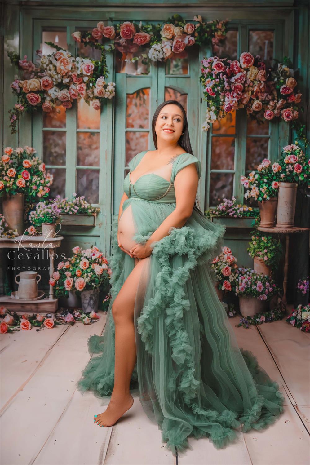 Vestido de maternidad para sesión de fotos con un solo hombro de malla