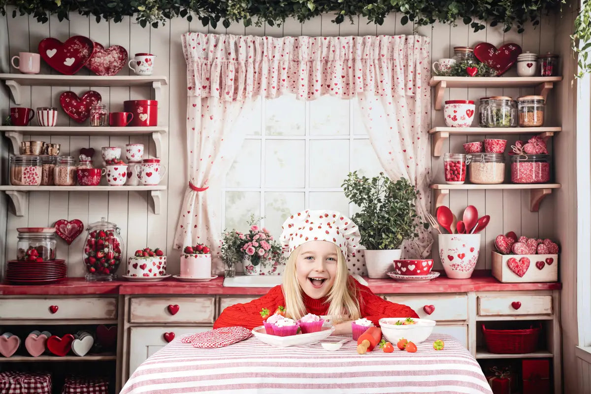 Backdrop de platos rojos en forma de corazón para el Día de San Valentín