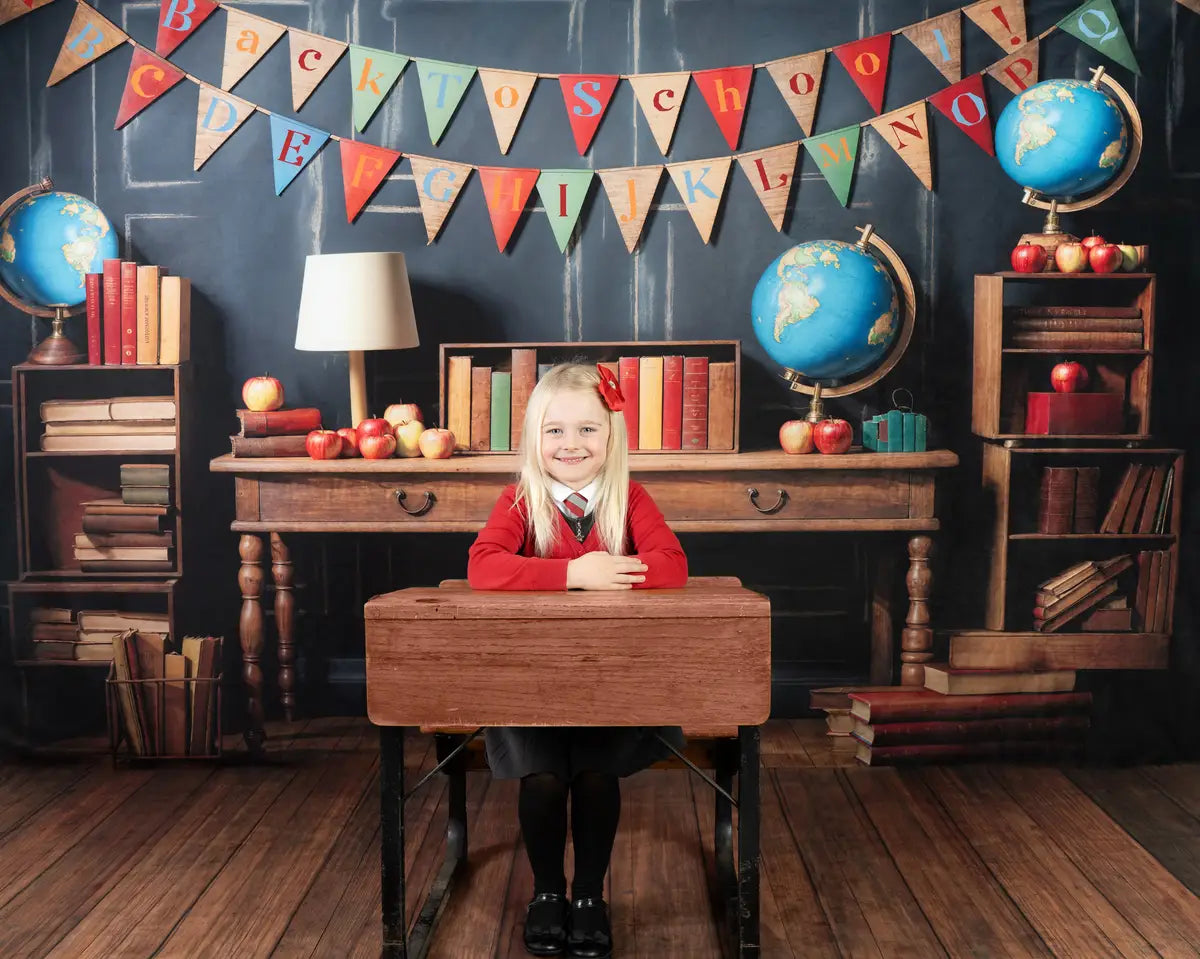 Kate Back to School Globe Books Black Retro Wall Backdrop+Brown Wooden Floor Backdrop