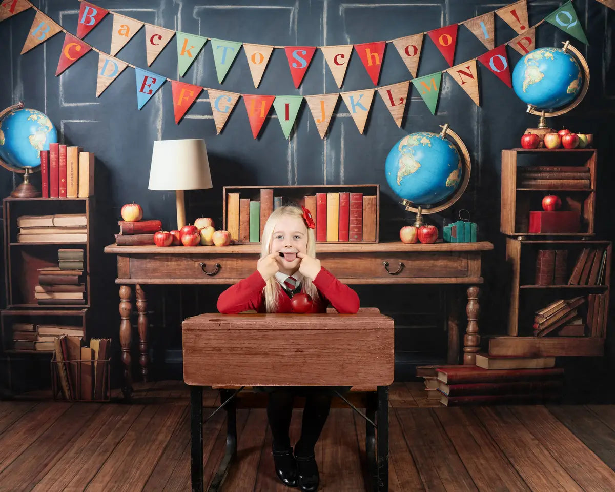 Back to School Globe Books Black Retro Wand Foto Achtergrond+Brown Wooden Floor Backdrop