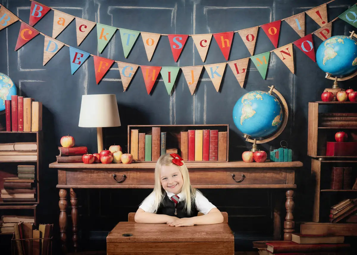 Back to School Globe Books Black Retro Wand Foto Achtergrond+Brown Wooden Floor Backdrop